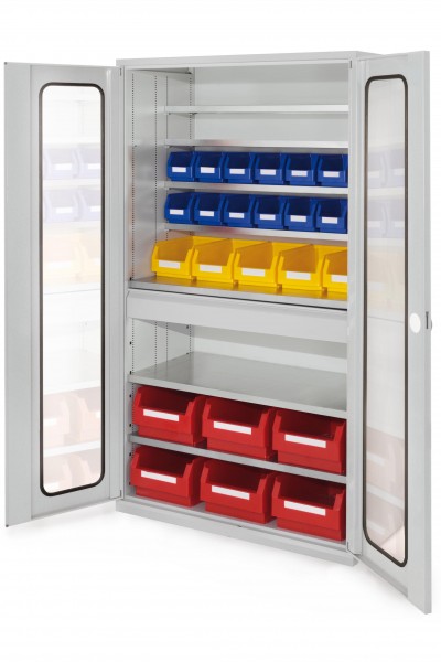 Großraumschrank Modell 36 RAL 7035 1950 x 1130 x 590 mm. Sichtfenster 1 Schublade mittig inklusiv Lagersichtkasten 6 x Größe 2 5 x Größe 4 14 x Größe 6.