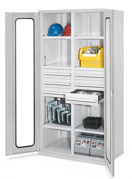 Schwerlastschrank mit Mitteltrennwand 1950 x 1000 x 600 mm Mod 53 RAL 7035. Sichtfenstertür 6 Schubladen H 125 mm 3 Fachboden links verzinkt 3 Fachboden rechts verzinkt.