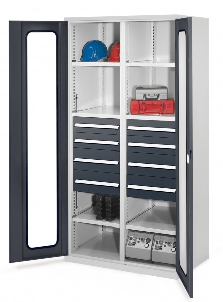 Schwerlastschrank mit Mitteltrennwand 1950 x 1000 x 600 mm Mod 54 RAL 7035/7016. Sichtfenstertür 4 Schubladen H 100 mm 4 Schubladen H 175 mm 3 Fachboden links verzinkt 3 Fachboden rechts verzinkt.
