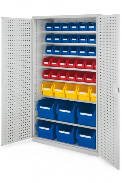 Großraumschrank Modell 15 RAL 7035 1950 x 1130 x 590 mm. Türinnenseite: ®RasterPlan Lochplatten inklusiv Lagersichtkasten 6 x Größe 1 5 x Größe 3 14 x Größe 5 21 x Größe 6.