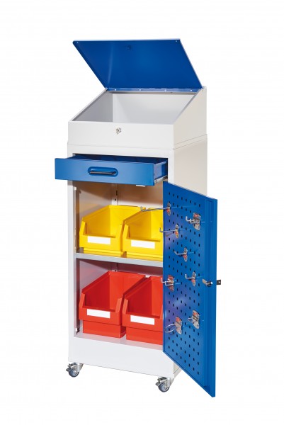 RasterPlan Arbeitsplatzschrank 1 Plus mobil, H 1200 x B 500 x T 500 mm Türinnenseite: RasterPlan Lochplatten, RAL 7035/5010, 1 Schublade, 1 Boden, 1 Pultaufsatz, 1 Mobiler Rahmen.
