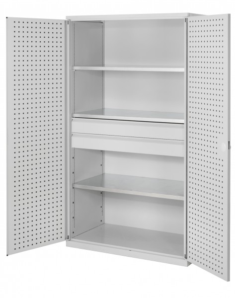 ®RasterPlan Großvolumenschrank 1950 x 1130 x 590 mm RAL 7035. Türinnenseite: ®RasterPlan Lochplatte 2 Schublade 3 Böden.