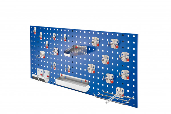 ®RasterPlan/ ABAX Lochplatten Einsteigerset 7 RAL 5010. Bestehend aus 1 Lochplatte 1000 mm 1 ABAX Werkzeughaltersortiment 21-teilig