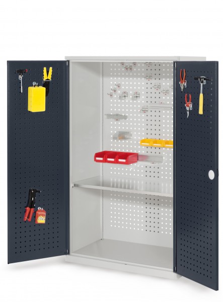 RasterPlan Werkzeugschrank Mod 3 500, H1600 x B1000 x T500 mm, RAL 7035/7016. Türinnenseite: RasterPlan Lochplatte, 1 Fachboden.