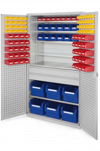 Großraumschrank Modell 37 1950 x 1130 x 590 mm. Türinnenseite: ®RasterPlan Loch-/Schlitzplatten- 2 Schubladen mittig inklusiv Lagersichtkasten 6 x Größe 1 14 x Größe 6 50 x Größe 7 32 x Größe 8.