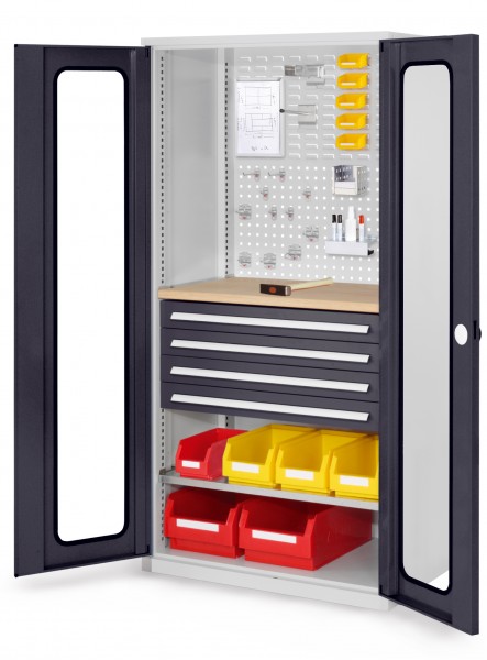 ®RasterPlan Schubladenschrank Modell 36 RAL 7035/7016. Sichtfenstertüren 1950 x 1000 x 600 mm mm 4 Schubladen H 100 mm mm 1 Fachböden verzinkt 1 Werkbankplatte Multiplex.