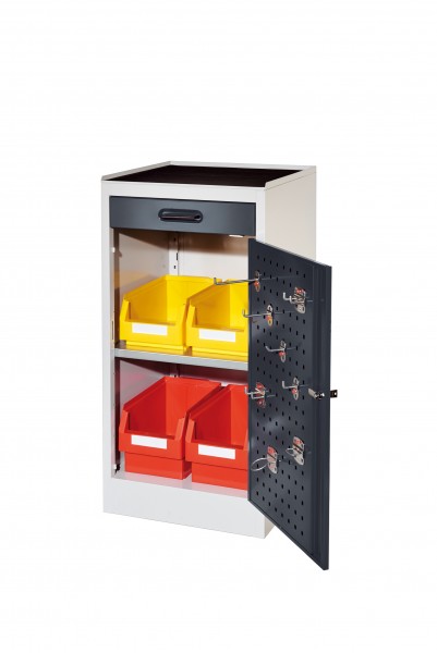 RasterPlan Arbeitsplatzschrank Modell 1, 1000 x 500 x 500 mm. RAL 7035/7016, Türinnenseite: RasterPlan Lochplatten, 1 Schublade, 1 Boden.