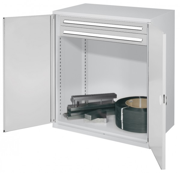 Schwerlast-Beistellschrank Modell 64 1110 x 1000 x 600 mm RAL 7035. Doppelwandtüren 2 Schubladen H 100 mm.