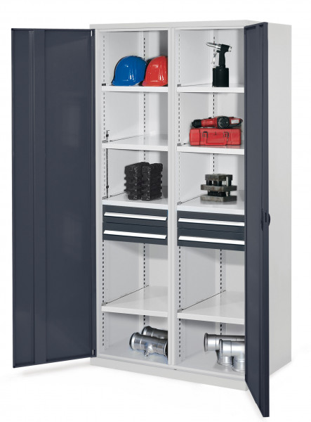 Schwerlastschrank mit Mitteltrennwand 1950 x 1000 x 600 mm Mod 56 RAL 7035/7016. Vollblechtüren 2 Schubladen H 100 mm 4 Fachböden links verzinkt 4 Fachböden rechts verzinkt.