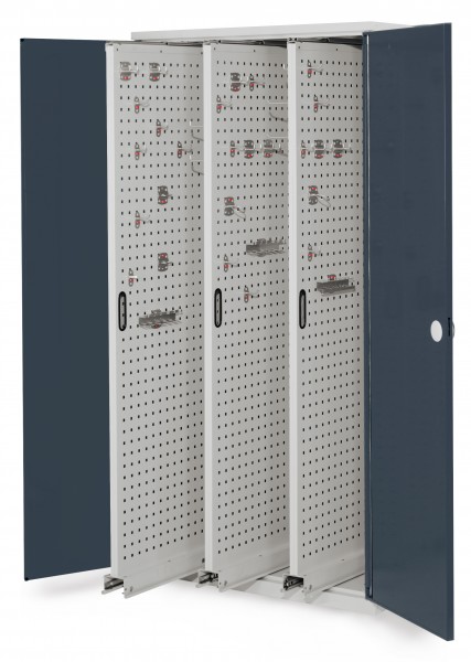 ®RasterPlan Vertikalschrank Modell 85 1950 x 1000 x 600 mm RAL 7035/7016. Doppelwandtür 3 Auszüge Lochplatten.