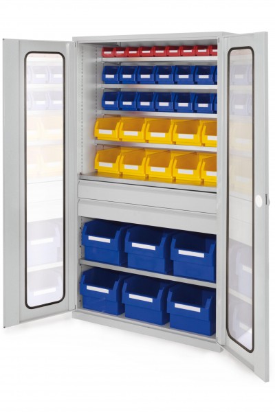 Großraumschrank Modell 32 RAL 7035 1950 x 1130 x 590 mm. Sichtfenstertüren 2 Schubladen mittig inklusiv Lagersichtkasten 6 x Größe 1 10 x Größe 4 14 x Größe 6 10 x Größe 7.