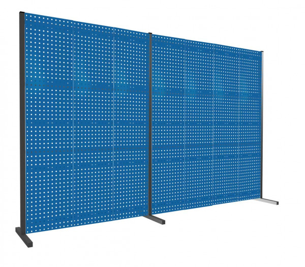 ®RasterPlan Trennwand Doppelfeld 180° L1500 / 2000 mm H2000 mm RAL 5010. Mit 7 ®RasterPlan Lochplatten.