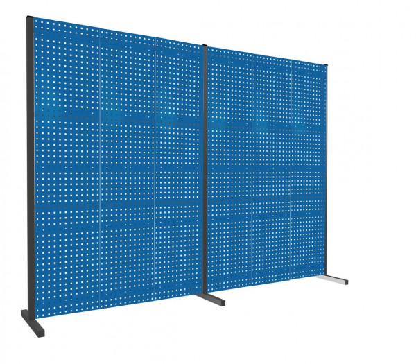 ®RasterPlan Trennwand Doppelfeld 180° L1500 / 1500 mm H2000 mm RAL 5010. Mit 6 ®RasterPlan Lochplatten.