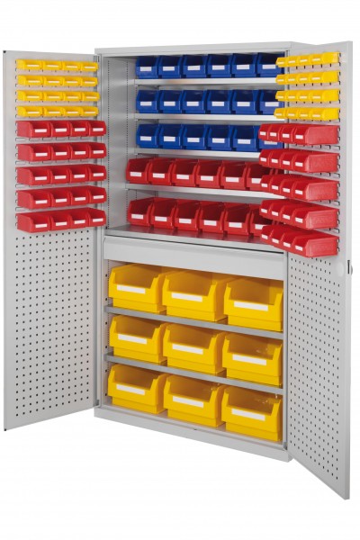 Großraumschrank Modell 31 RAL 7035 1950 x 1130 x 590 mm. Türinnenseite: ®RasterPlan Schlitz-/Lochplatten 1 Schublade mittig inklusiv Lagersichtkasten 9 x Größe 2 14 x Größe 5 21 x Größe 6 40 x Größe 7 32 x Größe 8