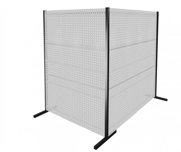 ®RasterPlan Trennwand Doppelfeld 90° L1500 / 2000 mm H2000 mm RAL 7035. Mit 7 ®RasterPlan Lochplatten.