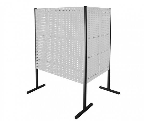 ®RasterPlan Trennwand Doppelfeld 90° 1000 / 1500 mm H1500 mm RAL 7035. Mit 3 ®RasterPlan Lochplatten 2 ®RasterPlan Schlitzplatten.