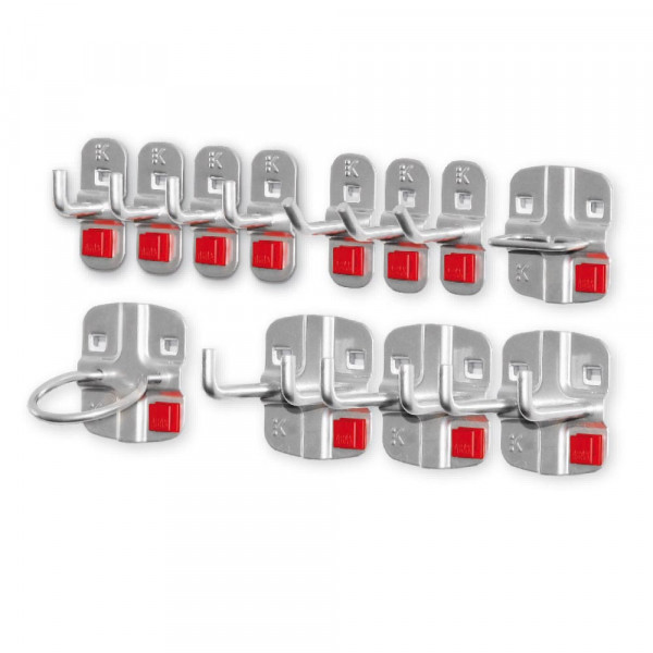 ®ABAX Werkzeughalter-Sortiment 12-teilig alufarben. 4 Werkzeughalter mit senkr. Ende 3 Doppelter Werkzeughalter 1 Zangenhalter 1 Maschinenhalter 3 Werkzeughalter mit schrägem Ende.