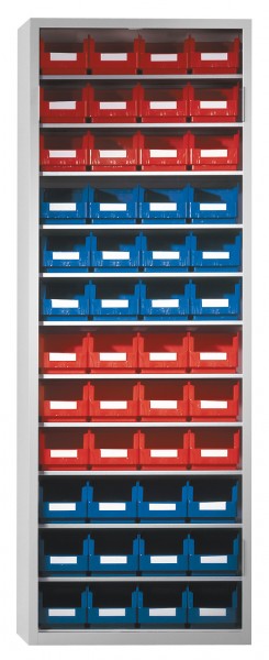 Ordnungsschrank ohne Türen Modell 33 1950 x 690 x 285 mm RAL 7035. Inklusiv Lagersichtkasten 48 x Größe 6.