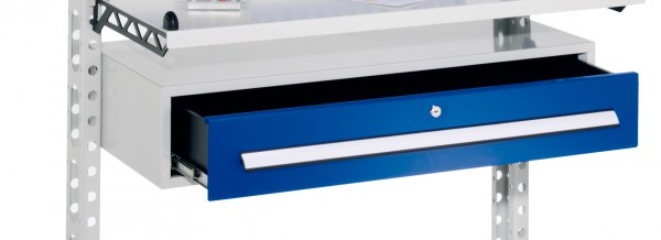 Schublade H 200 mm breit RAL 7035/5010. Inklusiv Schienen für ErgoPlus Steharbeitsplatz.