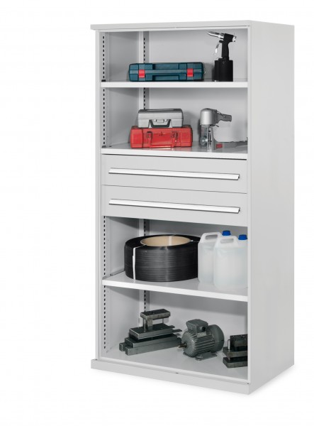 Schwerlastregal Mod. 42 OMT 1950 x 1000 x 600 mm RAL 7035. 3 Fachböden verzinkt 2 Schubladen H 175 mm RAL 7035.