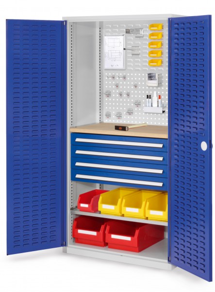 ®RasterPlan Schubladenschrank Modell 26 RAL 7035/5010. Türinnenseite: Schlitzplatten 1950 x 1000 x 600 mm 4 Schubladen H 100 mm 1 Fachboden verzinkt 1 Werkbankplatte Multiplex.