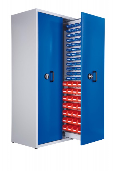 ®RasterPlan Zugwagenschrank Mod 6 2000 x 1100 x 600 mm 7035/5010. 2 Auszüge 1 Auszug einseitig bestückt mit Lagersichtkasten 28 x Größe 7 48 x Größe 8.