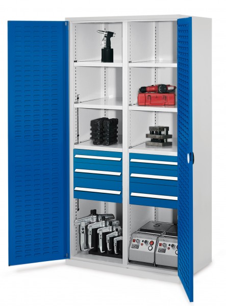 Schwerlastschrank mit Mitteltrennwand 1950 x 1000 x 600 mm Mod 55 RAL 7035/5010. Türinnenseite: ®RasterPlan Schlitzplatte 2 Schubladen H 100 mm 2 Schubladen H 125 mm 2 Schubladen H 175 mm 3 Fachböden links verzinkt 3 Fachböden rechts verzinkt.