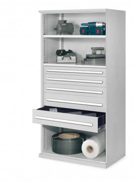 Schwerlastregal Mod. 44 OMT 1950 x 1000 x 600 mm RAL 7035. 2 Fachböden verzinkt 1 Schublade H 100 mm RAL 7035 2 Schubladen H 125 mm RAL 7035 2 Schubladen H 175 mm RAL 7035.