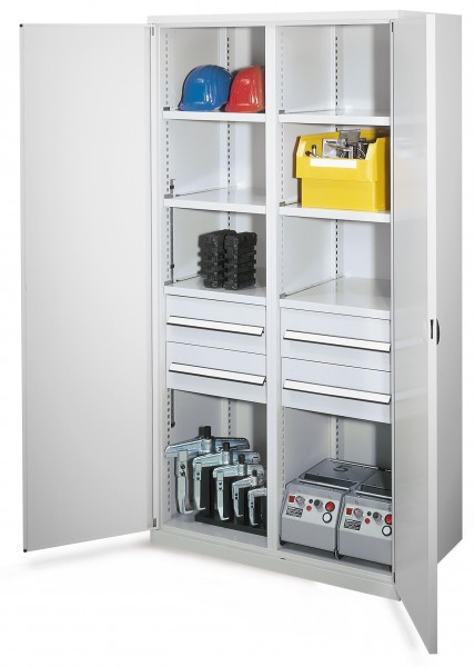Schwerlastschrank mit Mitteltrennwand 1950 x 1000 x 600 mm Mod 52 RAL 7035. Doppelwandtür 4 Schubladen H 175 mm 3 Fachboden links verzinkt 3 Fachboden rechts verzinkt.