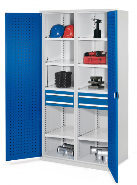 Schwerlastschrank mit Mitteltrennwand 1950 x 1000 x 600 mm Mod 56 RAL 7035/5010. Türinnenseite: ®RasterPlan Lochplatte 2 Schubladen H 100 mm 4 Fachböden links verzinkt 4 Fachböden rechts verzinkt.