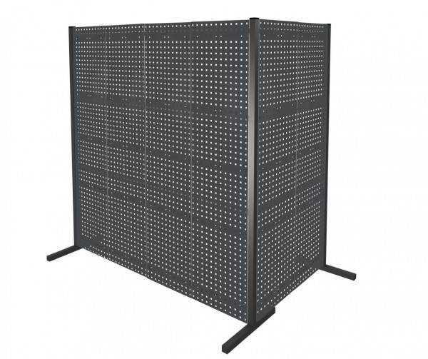 ®RasterPlan Trennwand Doppelfeld 90° L1000 / 2000 mm H2000 mm RAL 7016. Mit 6 ®RasterPlan Lochplatten.