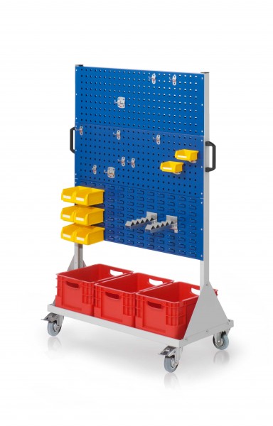 RasterMobil Gr. 4 RAL 7035/5010 H1580 x B1000 x T500 mm. 1 x Werkzeughaltersortiment 10-teilig 2 x Lagersichtkastenhalter 2 x Wellenträger 6 x Lagersichtkästen Größe 7 2 x Lagersichtkästen Größe 8 3 x Transportbehälter 400 x 300 x H 220 mm.