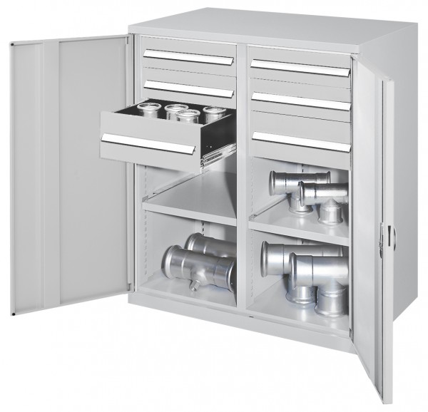Schwerlast-Beistellschrank Modell 71 1110 x 1000 x 600 mm RAL 7035. Mit Mitteltrennwand Vollblechtüren 1 Fachboden links 1 Fachboden rechts 2 Schubladen H 100 mm 2 Schubladen H 125 mm 2 Schubladen H 175 mm.
