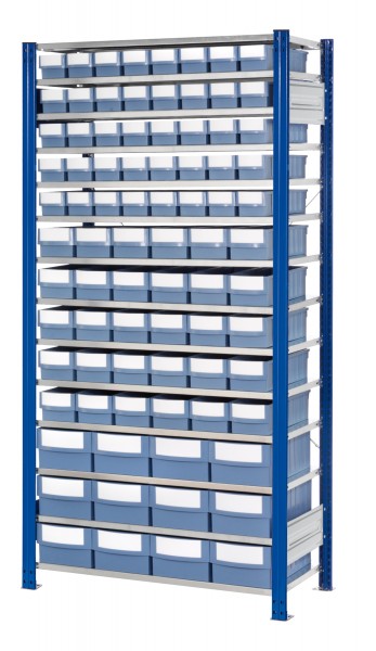 ®RasterPlan Steckregal mit Volumenkästen Modell 33 2000 x 1000 x 500 mm GF. Inklusiv 40 Stück 500 x 113 x 85 mm 30 Stück 500 x 153 x 105 mm 12 Stück 500 x 235 x 145 mm taubenblau.
