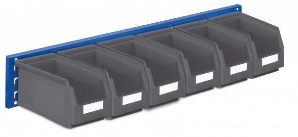 ®RasterPlan Wandschiene Schlitzplatte Set 11 L 920 mm x H 140 mm RAL 5010. 6 x Lagersichtkästen Größe 5.