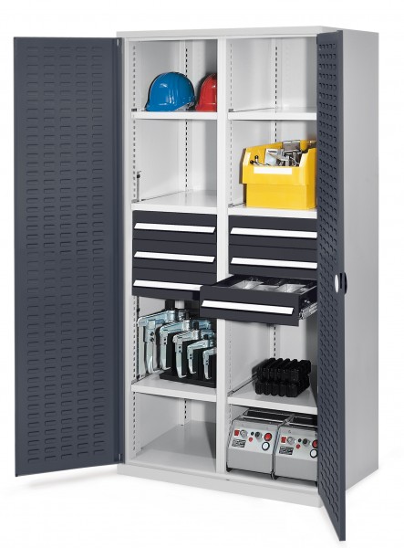 Schwerlastschrank mit Mitteltrennwand 1950 x 1000 x 600 mm Mod 53 RAL7035/7016. Türinnenseite: ®RasterPlan Schlitzplatten 6 Schubladen H 125 mm 3 Fachboden links verzinkt 3 Fachboden rechts verzinkt.