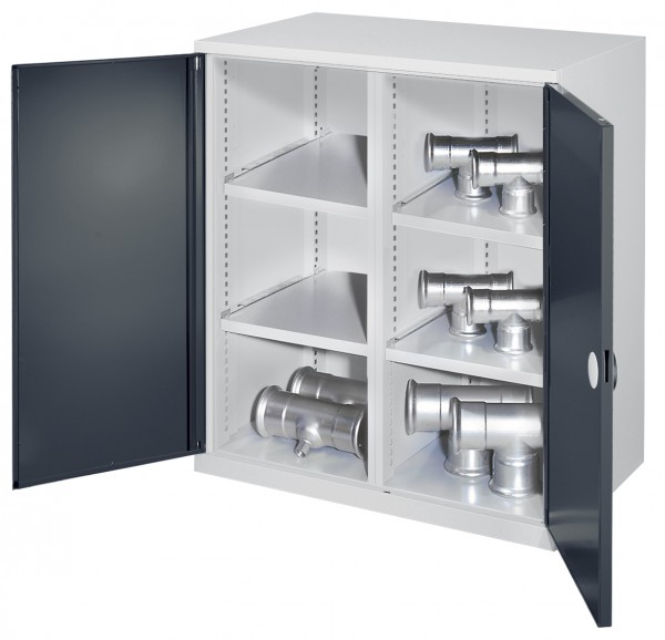 Schwerlast-Beistellschrank Modell 75 1110 x 1000 x 600 mm RAL 7035/7016. Mit Mitteltrennwand Doppelwandtüren 2 Fachböden links 2 Fachböden rechts