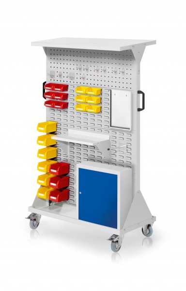 RasterMobil Gr. 4 RAL 7035 H1620 x B1000 x T500 mm. 1 x Ablageboden aus Stahlblech 1 x Werkzeughaltersortiment 10-teilig 1 x Stahlboden 450 mm 1 x Formularhalter A4 1 x Universalhalter 1 x Einhängeschrank 9 x Lagersichtkästen Größe 7 12 x Lagersic