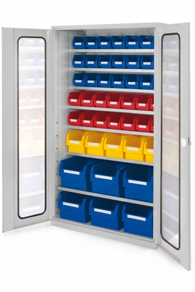 Großraumschrank Modell 15 RAL 7035 1950 x 1130 x 590 mm. Sichtfenstertüren inklusiv Lagersichtkasten 6 x Größe 1 5 x Größe 3 14 x Größe 5 21 x Größe 6.