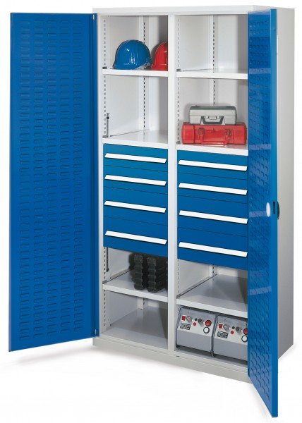 Schwerlastschrank mit Mitteltrennwand 1950 x 1000 x 600 mm Mod 54 RAL 7035/5010. Türinnenseite: ®RasterPlan Schlitzplatten 4 Schubladen H 100 mm 4 Schubladen H 175 mm 3 Fachboden links verzinkt 3 Fachboden rechts verzinkt.