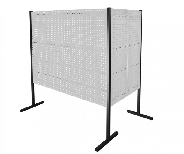 ®RasterPlan Trennwand Doppelfeld 90° 1000 / 2000 mm H1500 mm RAL 7035. Mit 3 ®RasterPlan Lochplatten 3 ®RasterPlan Schlitzplatten.