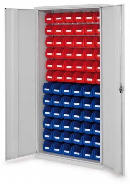 ®RasterPlan Schlitzplattenschrank H1950 x B 1000 x T 410 mm RAL 7035 Modell 51 Vollblechtüren bestückt mit Lagersichtkasten 36 x Größe 5 36 x Größe 6.