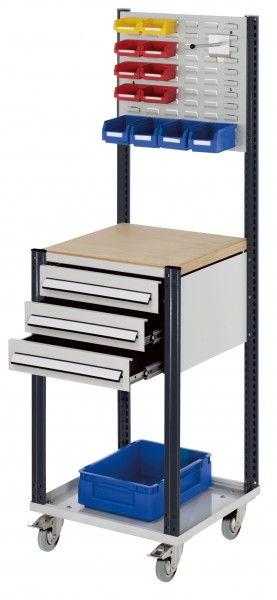 Mobile Arbeitsstation RAL 7035/7016 1730 x 500 x 500 mm 3 Schubladen Schlitzplatte.
