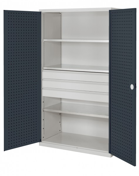 ®RasterPlan Großvolumenschrank 1950 x 1130 x 590 mm RAL 7035/7016. Türinnenseite: ®RasterPlan Lochplatten 3 Böden 3 Schubladen.