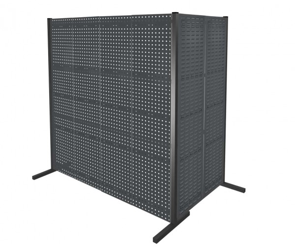 ®RasterPlan Trennwand Doppelfeld 90° 1000 / 2000 mm H2000 mm RAL 7016. Mit 3 ®RasterPlan Lochplatten 3 ®RasterPlan Schlitzplatten.
