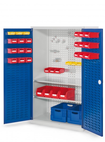 RasterPlan Werkzeugschrank Mod 4 500, H1600 x B1000 x T500 mm, RAL 7035/5010. Türinnenseite: RasterPlan Lochplatte, 1 Fachboden.