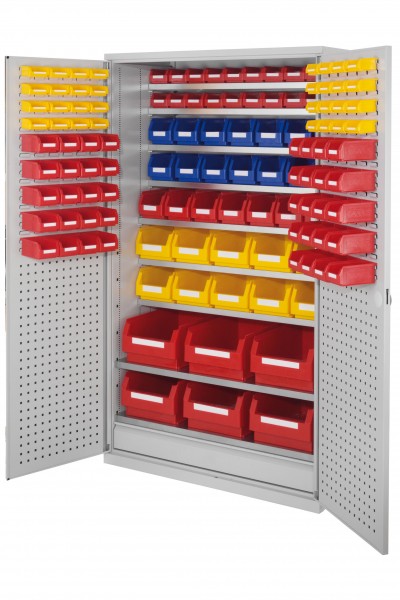 Großraumschrank Modell 23 RAL 7035 1950 x 1130 x 590 mm. Türinnenseite: ®RasterPlan Schlitz-/Lochplatten 1 Schubladen unten inklusiv Lagersichtkasten 6 x Größe 2 10 x Größe 4 7 x Größe 5 14 x Größe 6 60 x Größe 7 32 x Größe 8.