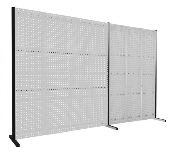 ®RasterPlan Trennwand Doppelfeld 180° 1500 / 2000 mm H2000 mm RAL 7035. Mit 4 ®RasterPlan Lochplatten 3 ®RasterPlan Schlitzplatten.