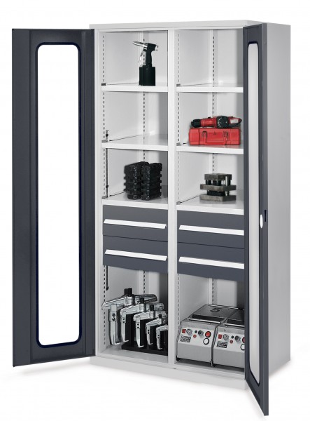 Schwerlastschrank mit Mitteltrennwand 1950 x 1000 x 600 mm Mod 52 RAL7035/7016. Sichtfenstertür 4 Schubladen H 175 mm 3 Fachboden links verzinkt 3 Fachboden rechts verzinkt.