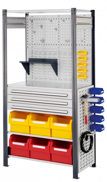 ®RasterPlan Steckregal Grundfeld RAL 7016 Mod 7 2000 x 1000 x 500 mm. Grundfeld mit 4 x Fachboden 500 mm 1 x Rückwand Lochplatte B 1000 mm 1 x Rückwand Schlitzplatte B 1000 mm 1 x Seitenwand Schlitzplatte H 1000 mm 1 x Schubladenblock dreifach 1 x We